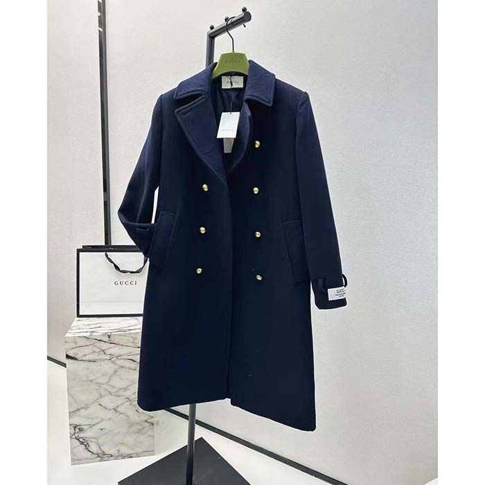 G*u*i men gg felt wool coat dark navy metal buttons G*u*i cities label fully lined
