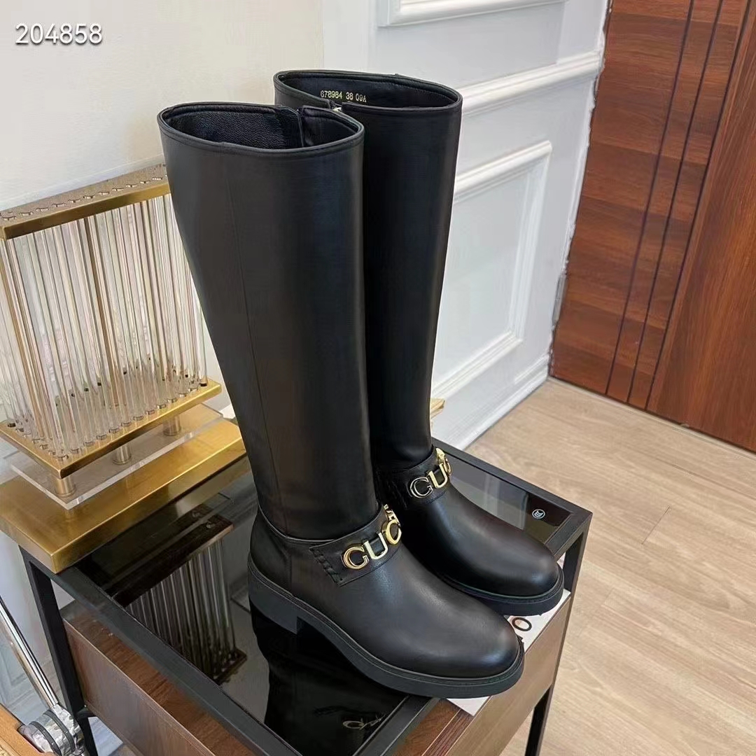 G*u*i women gg G*u*i boot black leather script rubber sole side zip closure flat