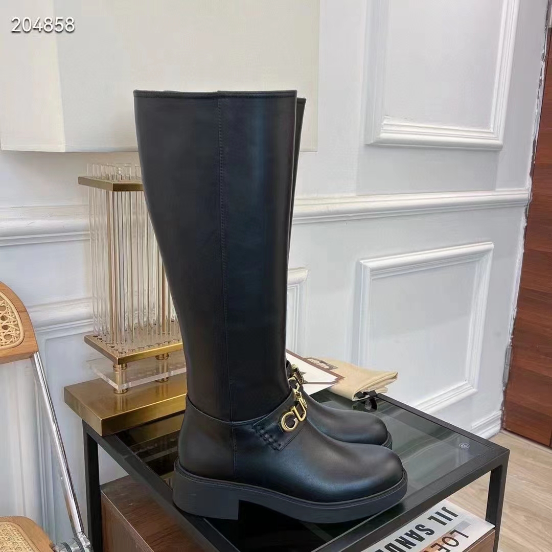G*u*i women gg G*u*i boot black leather script rubber sole side zip closure flat