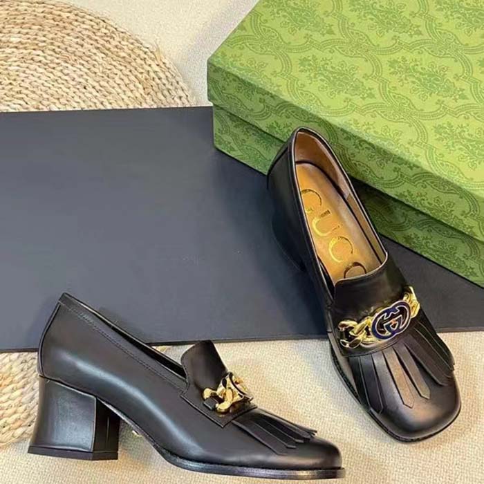 G*u*i women gg interlocking g mid-heel pump black leather enameled interlocking g chain