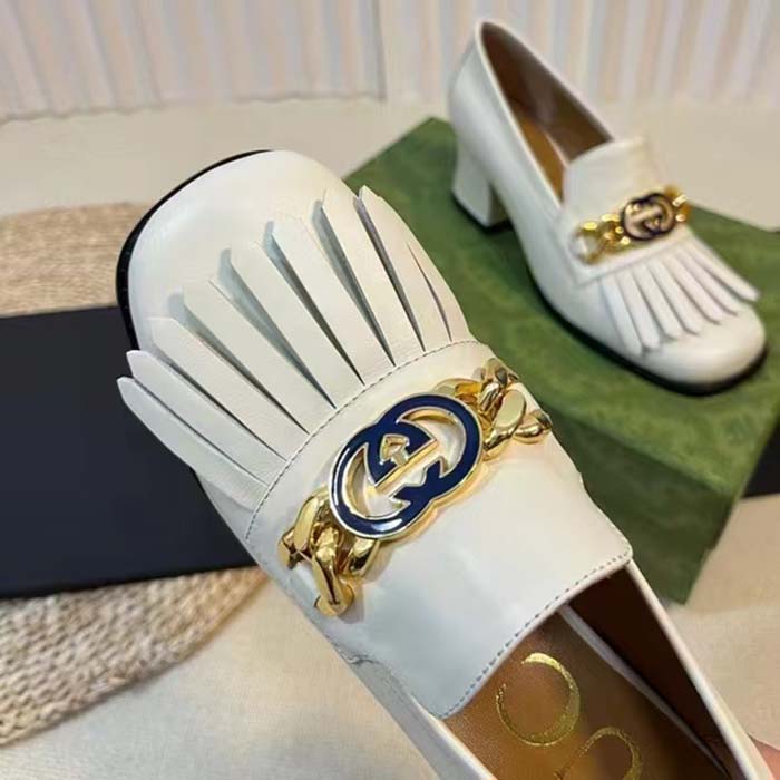 G*u*i women gg interlocking g mid-heel pump white leather enameled interlocking g chain