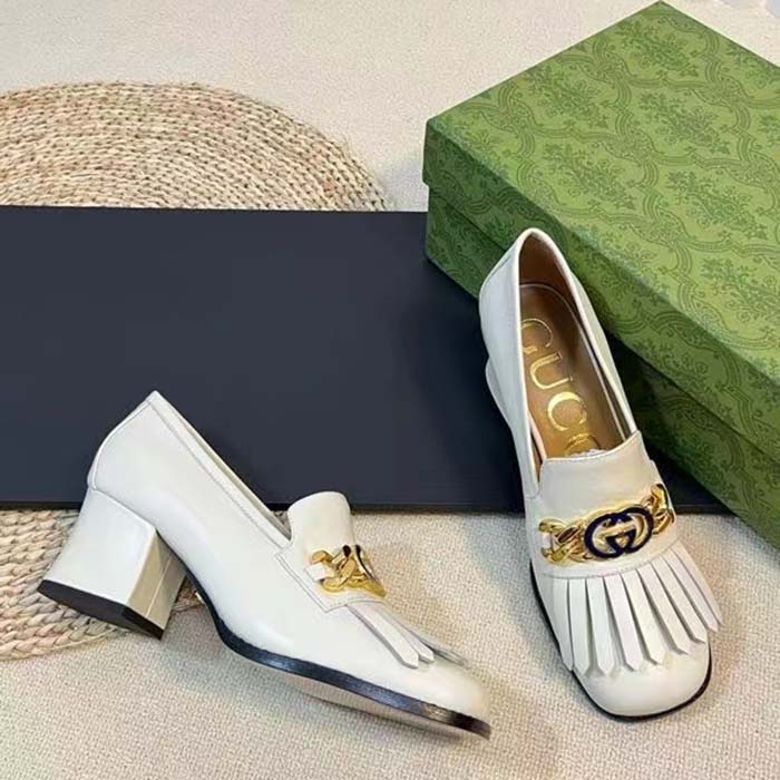 G*u*i women gg interlocking g mid-heel pump white leather enameled interlocking g chain