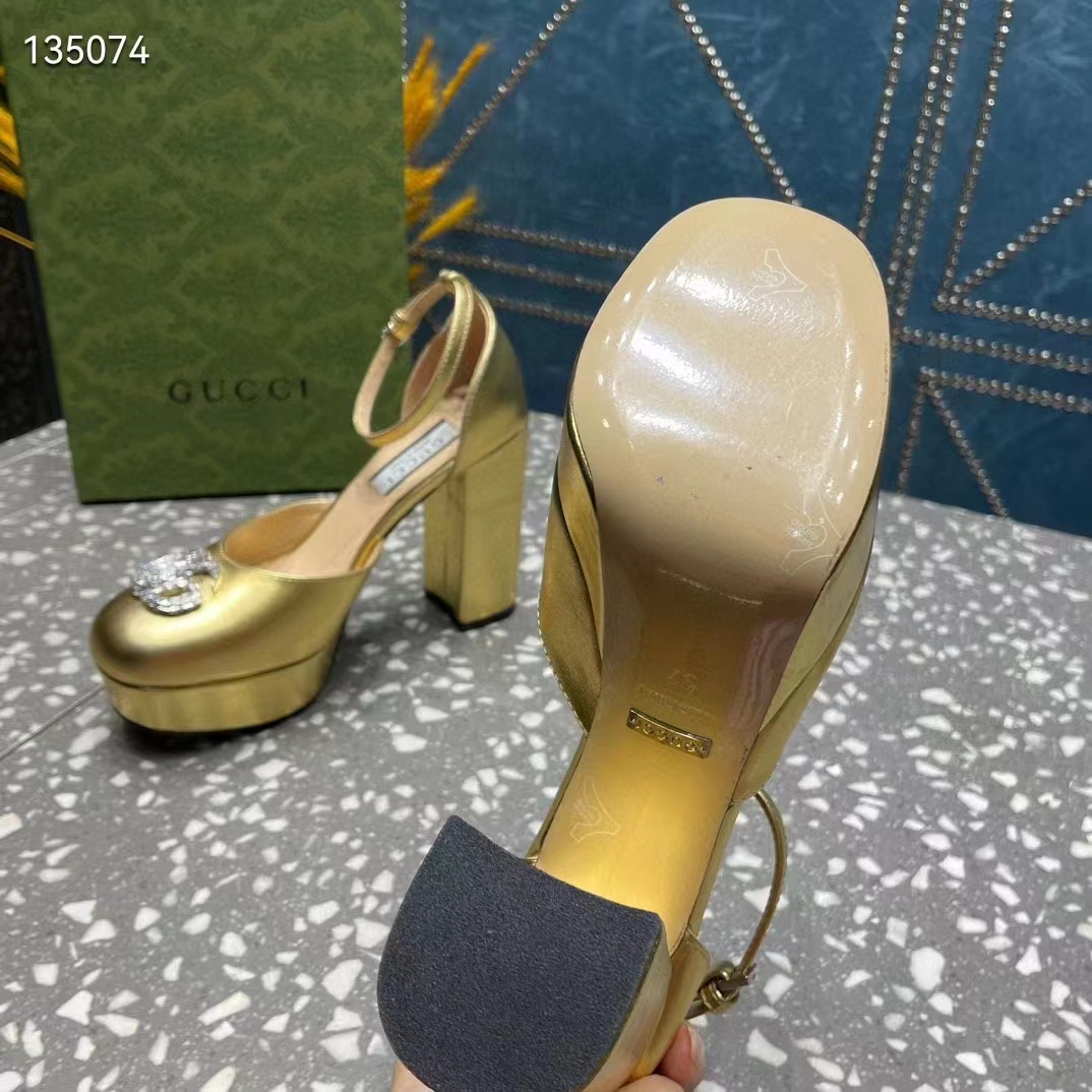 G*u*i women gg platform pump double g metallic gold patent leather crystals high heel