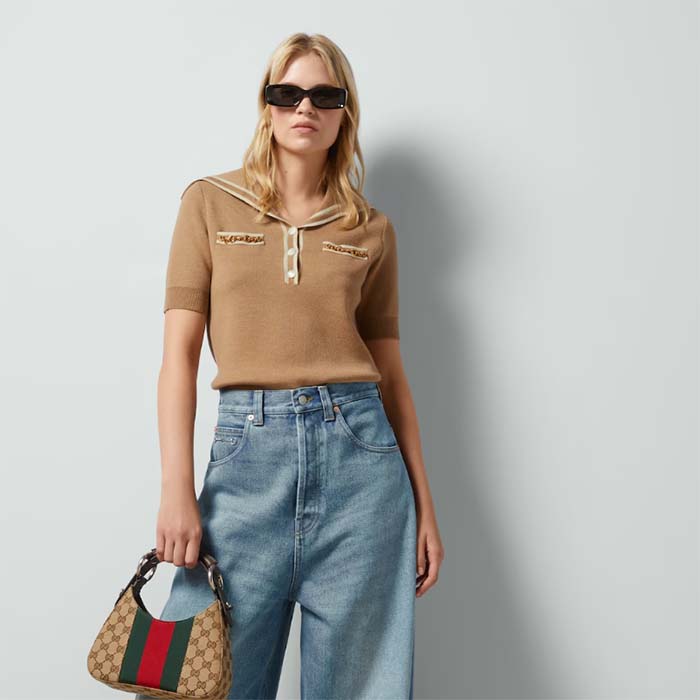 G*u*i women gg wool polo shirt horsebit camel wool sailor collar two front pockets short sleeves