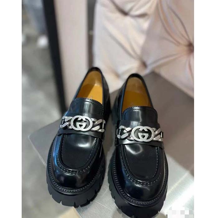 G*u*i women lug sole loafer black leather interlocking g chain rubber flat