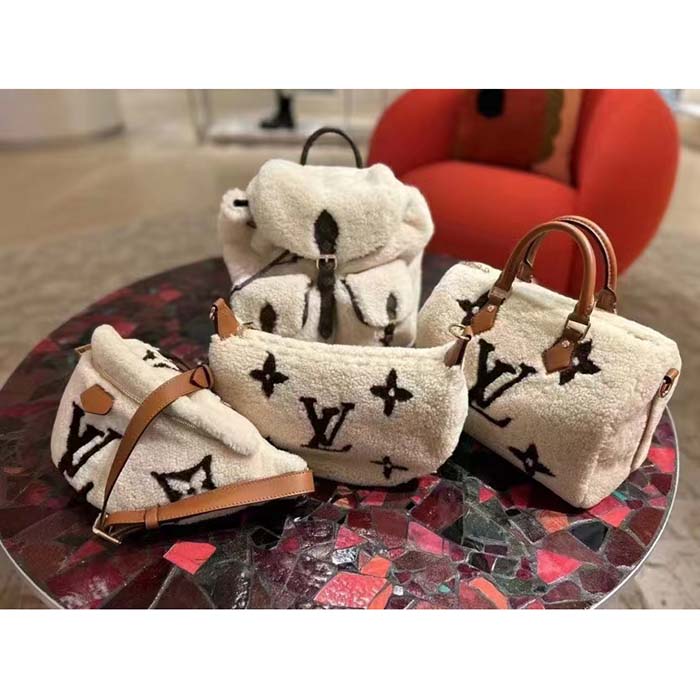 Louis Vuitton LV Unisex Backpack Cream Brown Shearling Monogram-Canvas Textile Lining