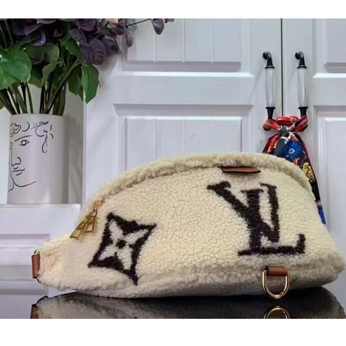 Louis Vuitton LV Unisex Bumbag Cream Brown Shearling Cowhide-Leather Textile Lining