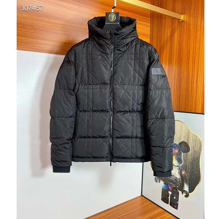 Dior Men CD Cannage Hooded Down Jacket Black Technical Fabric Drawstring Ribbed Cuffs