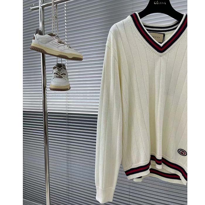 G*u*i gg women cotton knit v-neck sweater web ivory interlocking g patch long sleeves