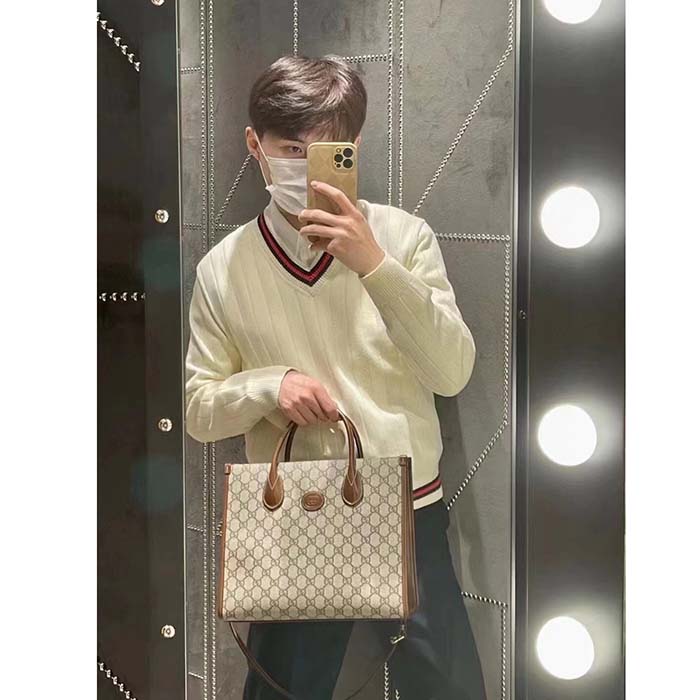 G*u*i gg men cotton knit v-neck sweater web ivory interlocking g patch long sleeves