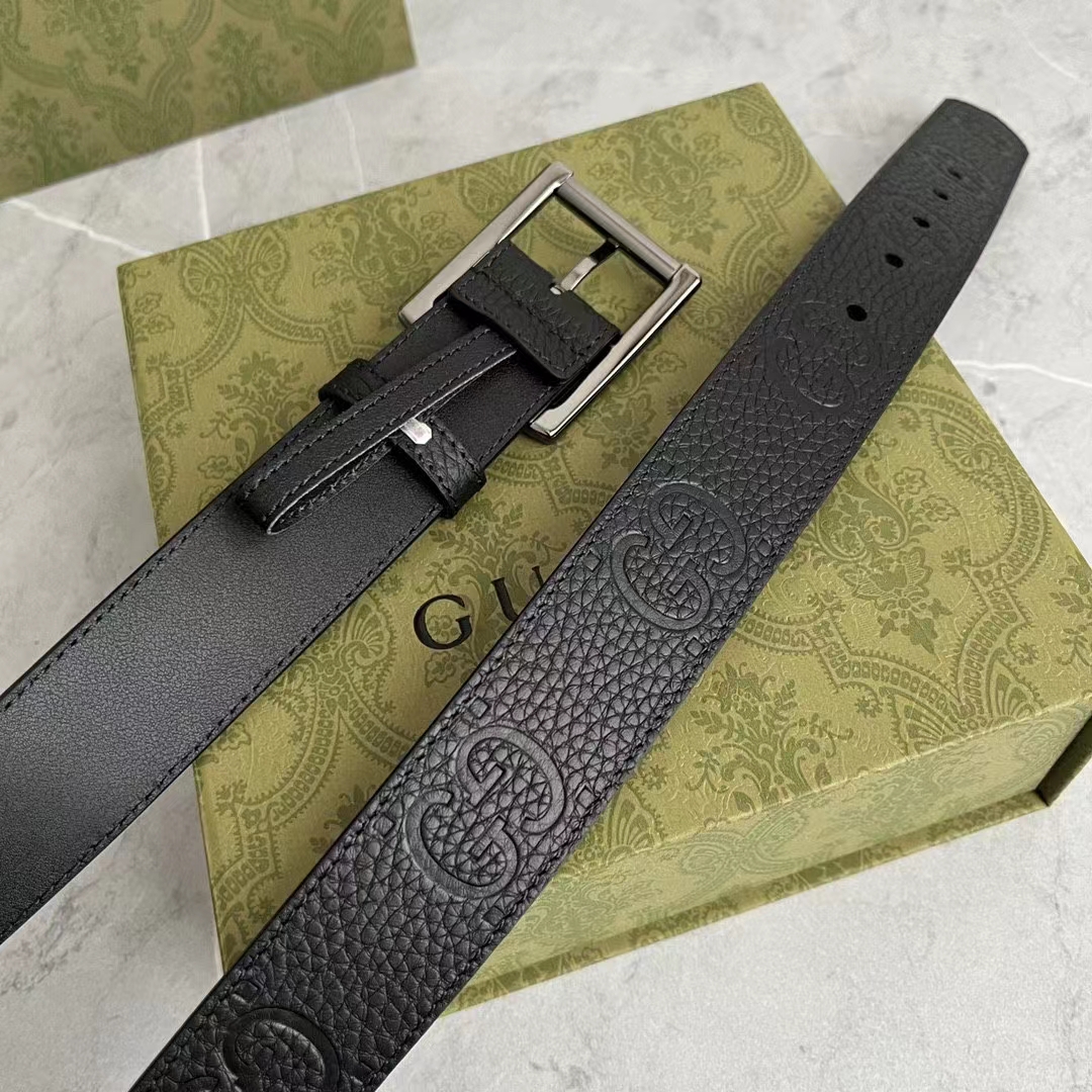 G*u*i gg unisex rubber-effect leather belt black square buckle 3.3 cm width