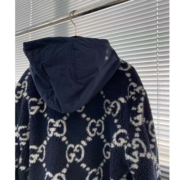 G*u*i men gg fuzzy fabric jacquard jacket fixed hood drawstring long sleeves front patch pocket