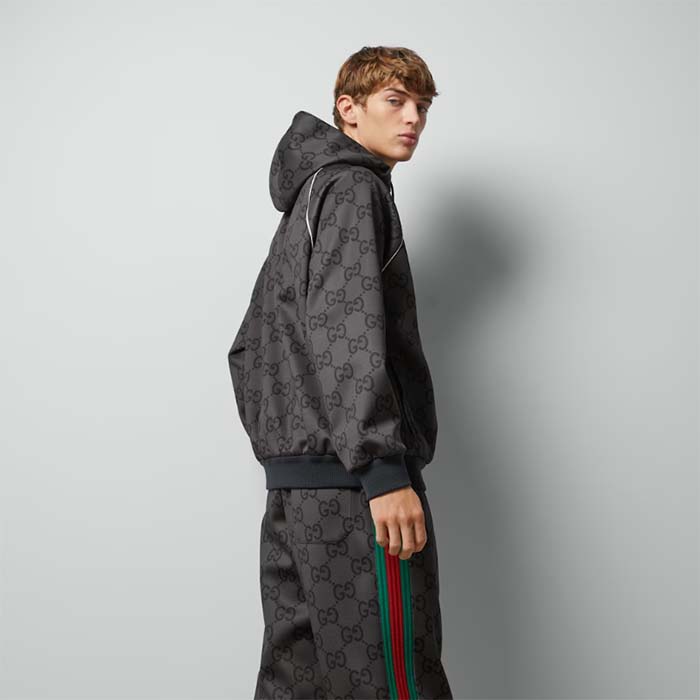 G*u*i men gg jumbo gg zip jacket web dark grey neoprene canvas raglan sleeves