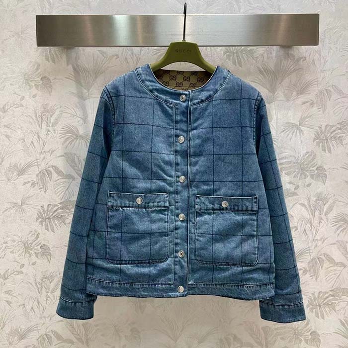 G*u*i men gg reversible denim jacket camel ebony gg canvas reversible collarless dropped shoulder