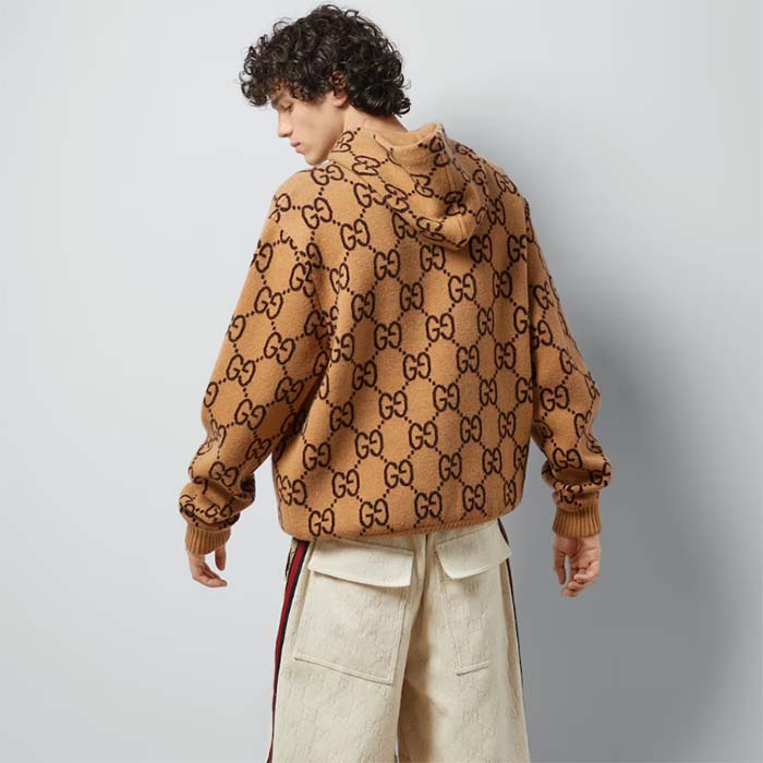 G*u*i men gg wool hooded sweatshirt camel ebony fixed hood kangaroo pocket rib