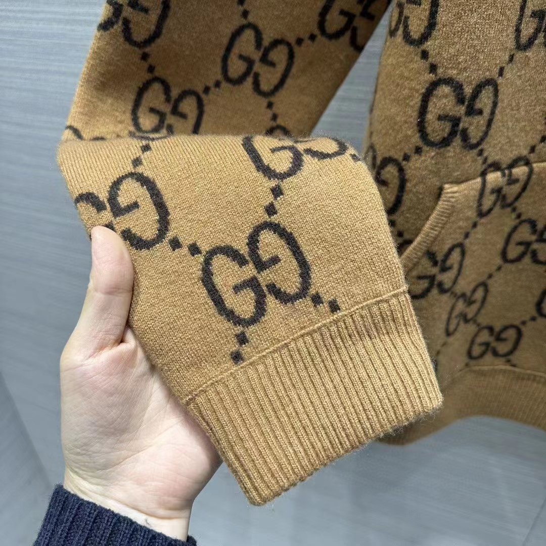 G*u*i men gg wool hooded sweatshirt camel ebony fixed hood kangaroo pocket rib