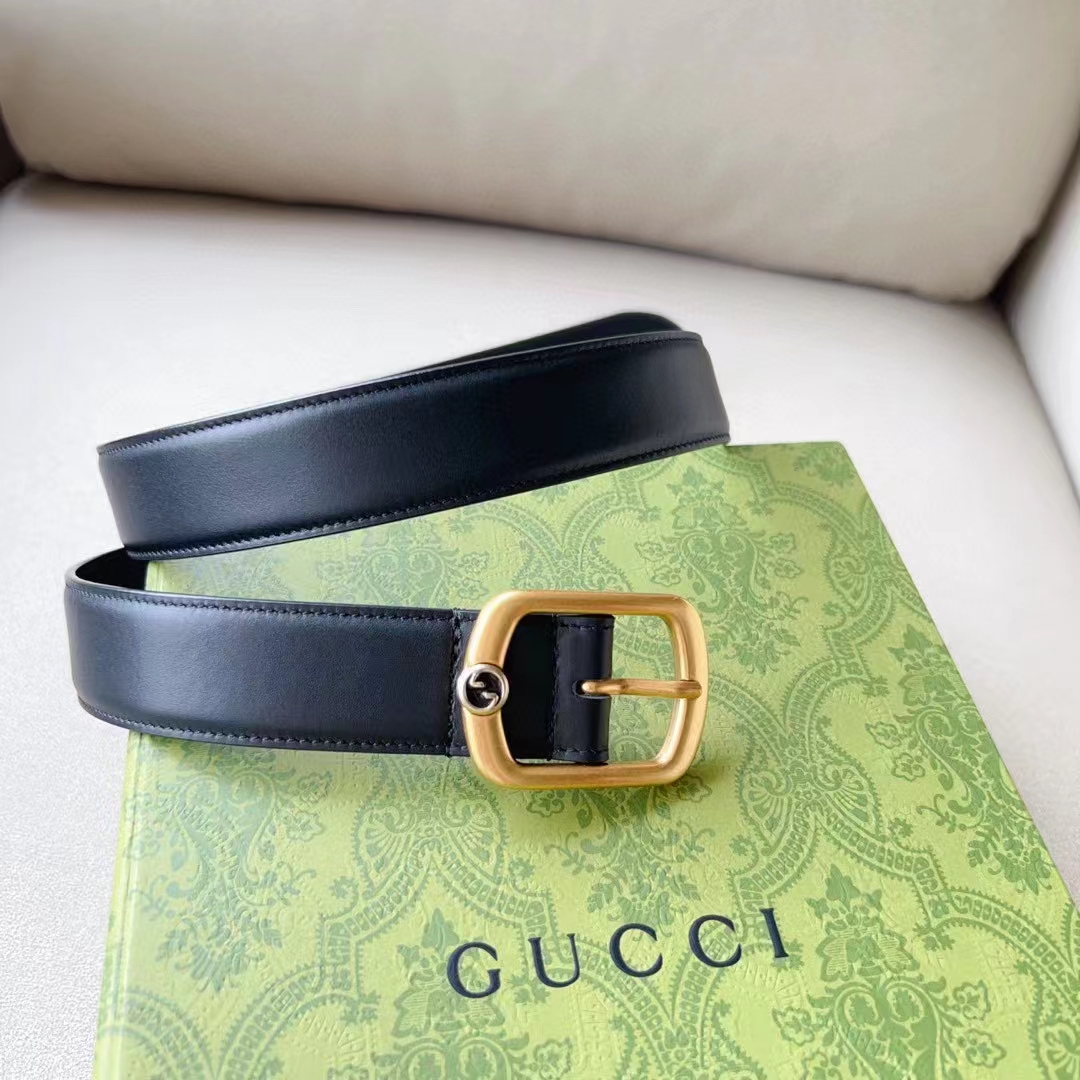 G*u*i unisex gg belt rectangular buckle black leather antique brass hardware 3 cm width