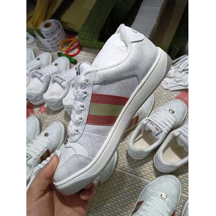 G*u*i unisex screener sneaker white gg supreme canvas pink green web rubber sole