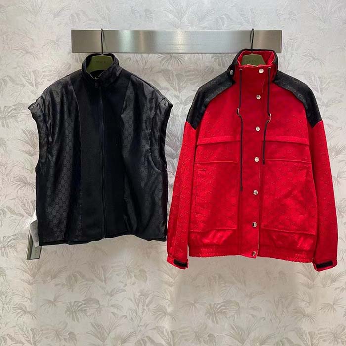 G*u*i women gg canvas bomber jacket high neck drawstring detachable hood gilet dropped shoulder