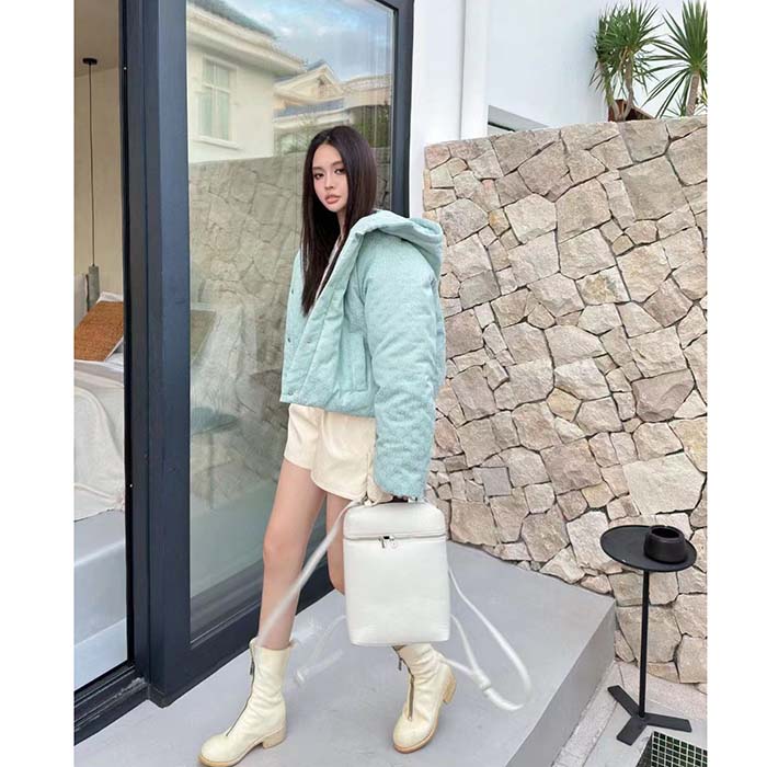 G*u*i women gg canvas hooded bomber jacket pale blue two side pockets padded drawstring hem