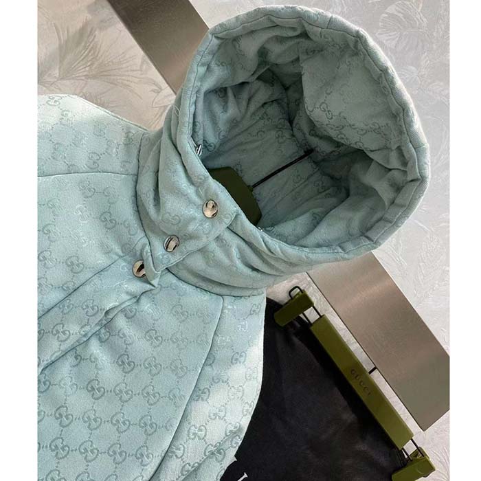 G*u*i men gg canvas hooded bomber jacket pale blue two side pockets padded drawstring hem