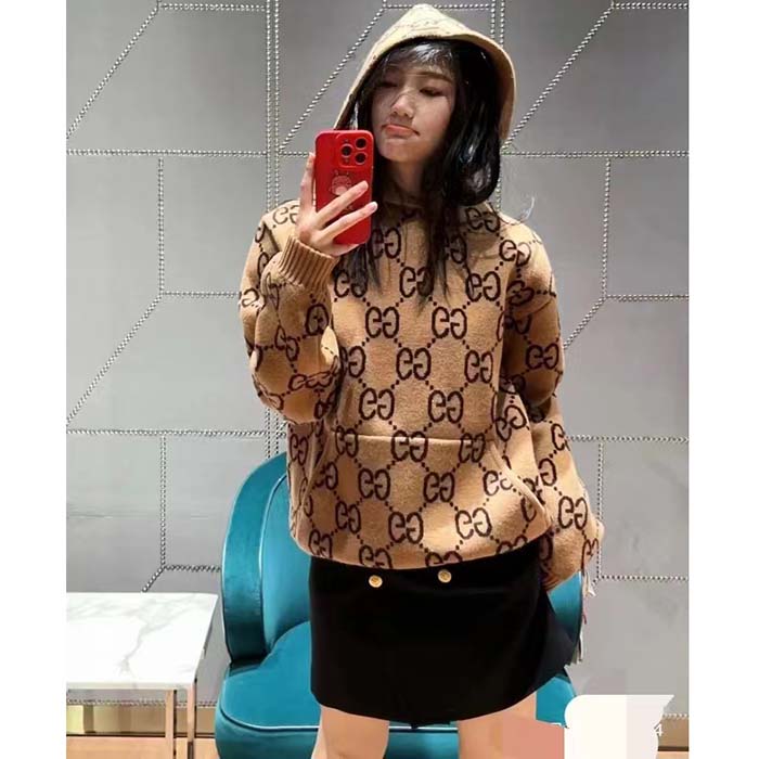 G*u*i women gg wool hooded sweatshirt camel ebony fixed hood kangaroo pocket rib