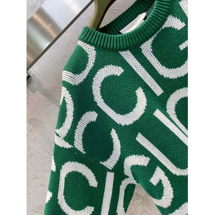G*u*i men gg wool sweater G*u*i intarsia green crewneck dropped shoulder