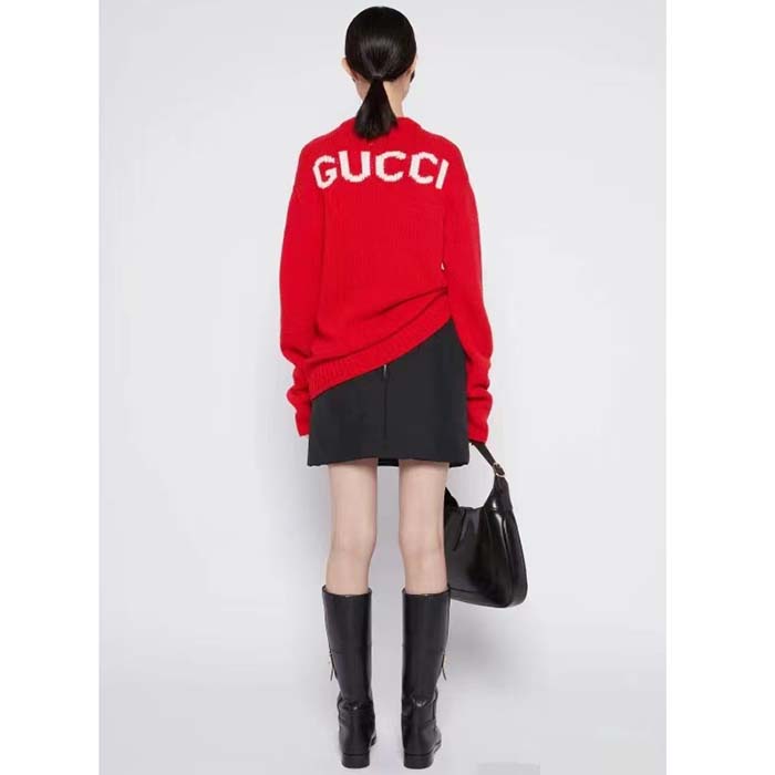 G*u*i women gg wool top G*u*i intarsia red crewneck dropped shoulder long sleeves