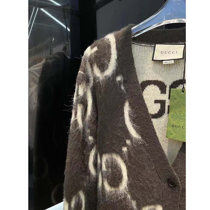 G*u*i men reversible gg mohair wool cardigan brushed gg jacquard blend v-neck front pockets