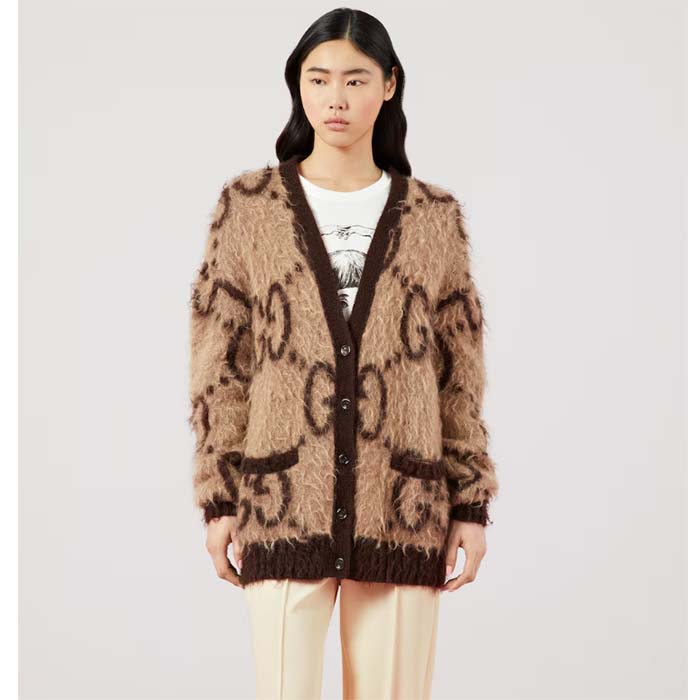 G*u*i women reversible gg mohair wool cardigan brushed gg jacquard blend v-neck front pockets