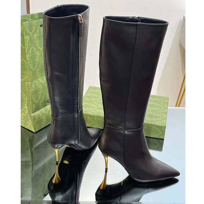 G*u*i women’s boot black leather pointed toe metal effect heel zip closure mid-heel