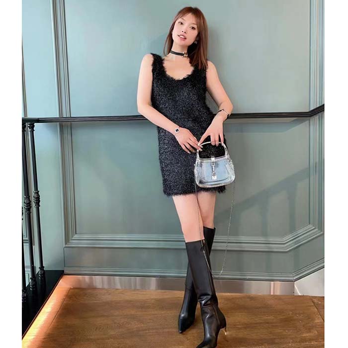 G*u*i women’s boot black leather pointed toe metal effect heel zip closure mid-heel