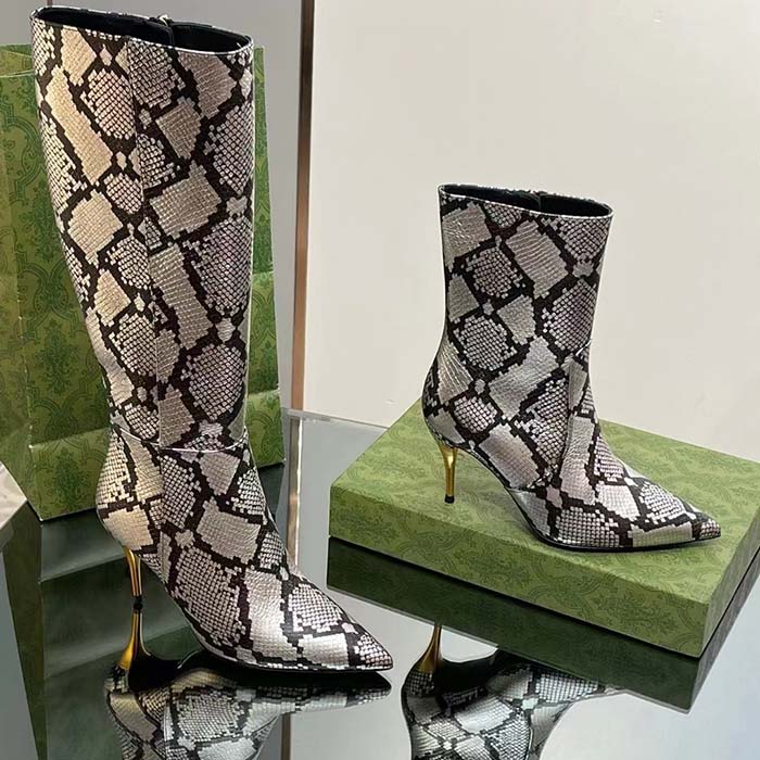 G*u*i women’s python mid-heel boot metallic silver leather sole double g detail side zip closure