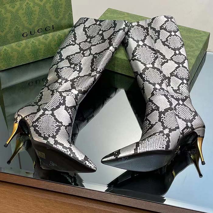 G*u*i women’s python mid-heel boot metallic silver leather sole double g detail side zip closure
