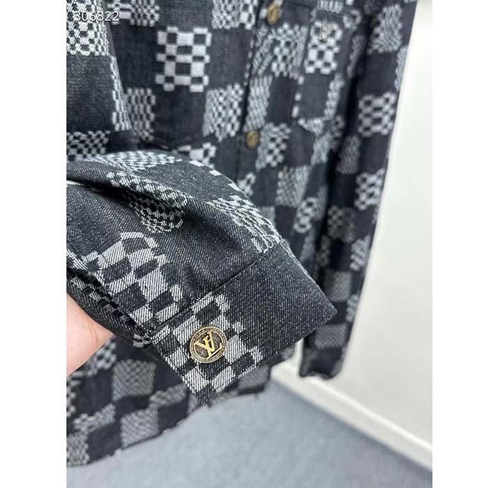 Louis Vuitton Men LV Distorted Damier Denim Jacket Cotton Indigo Blue Regular Fit