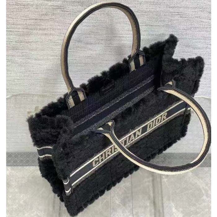 Dior Women CD Medium Dior Book Tote Black Cannage Shearling