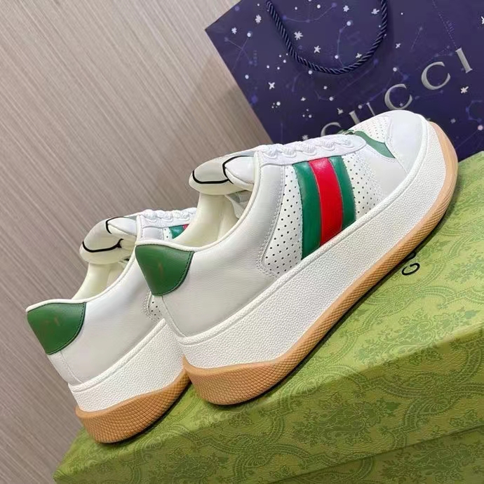 G*u*i gg unisex screener sneaker web white perforated leather bi-color flatform rubber low heel