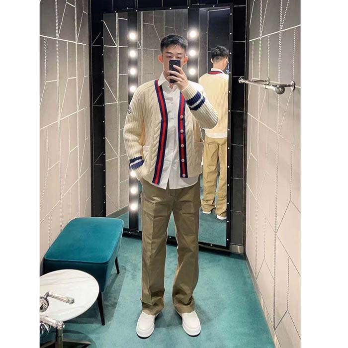 G*u*i men gg cable wool knit cardigan web v-neck dropped shoulder two front pockets