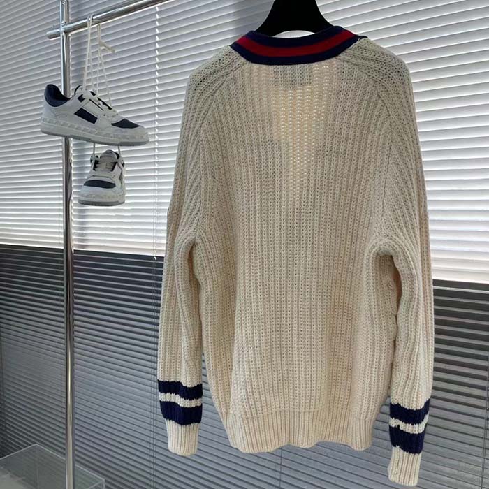G*u*i men gg cable wool knit cardigan web v-neck dropped shoulder two front pockets