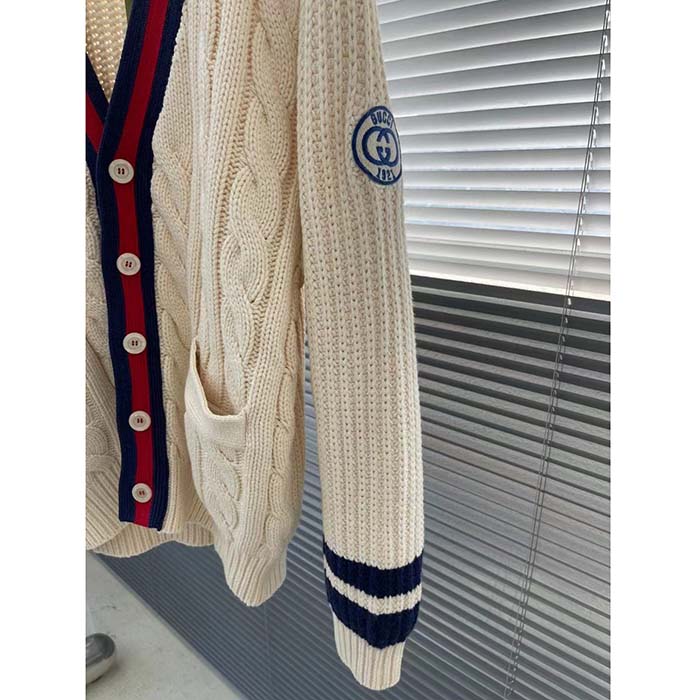 G*u*i men gg cable wool knit cardigan web v-neck dropped shoulder two front pockets