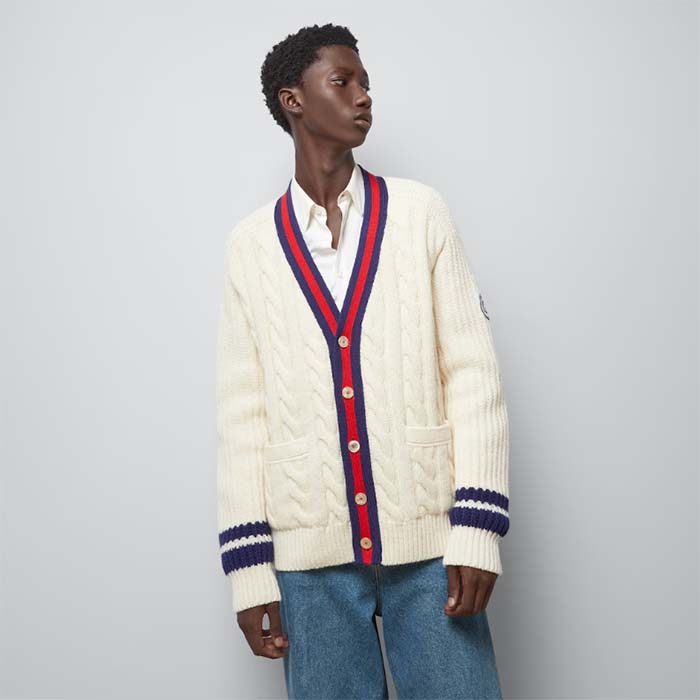 G*u*i men gg cable wool knit cardigan web v-neck dropped shoulder two front pockets