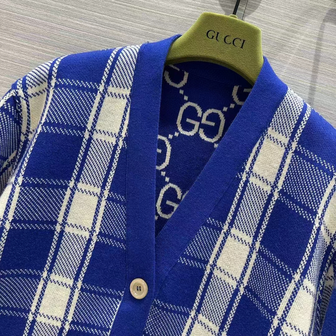 G*u*i men reversible checked wool cardigan v-neck dropped shoulder blue ivory maxi gg
