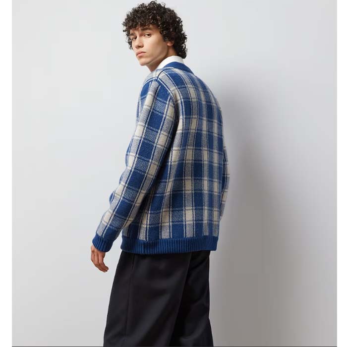 G*u*i men reversible checked wool cardigan v-neck dropped shoulder blue ivory maxi gg