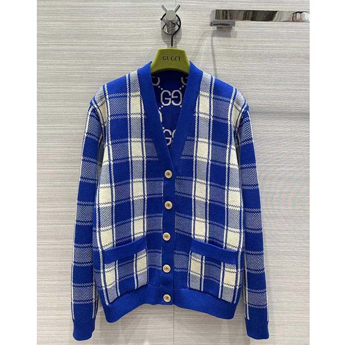 G*u*i men reversible checked wool cardigan v-neck dropped shoulder blue ivory maxi gg
