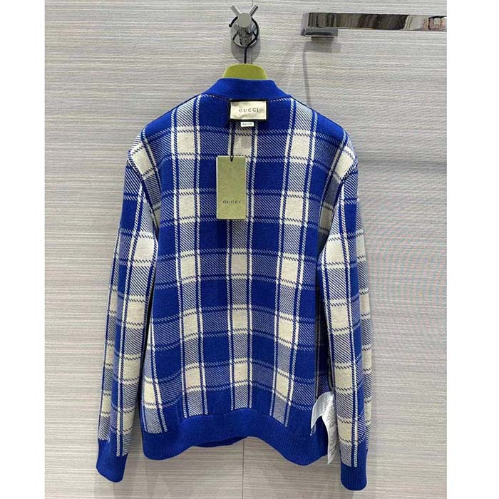 G*u*i men reversible checked wool cardigan v-neck dropped shoulder blue ivory maxi gg