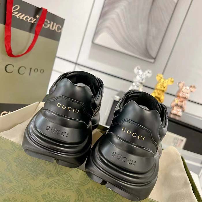 G*u*i unisex gg rhyton sneaker black leather rubber sole lace-up mid-heel