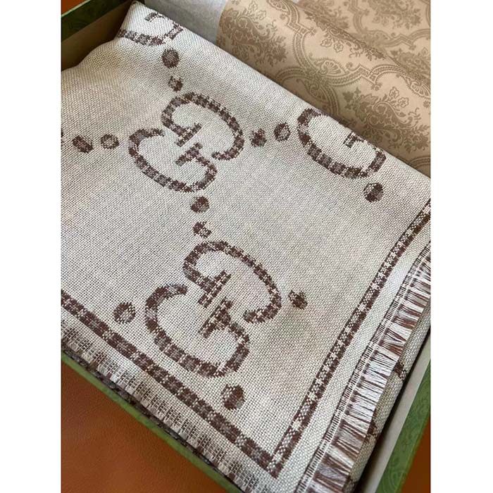 G*u*i unisex gg wool jacquard scarf ivory beige houndstooth fringe trim