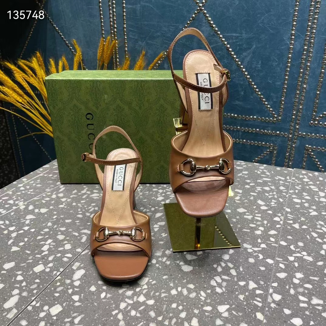 G*u*i women gg horsebit mid-heel sandal brown leather sole ankle buckle closure