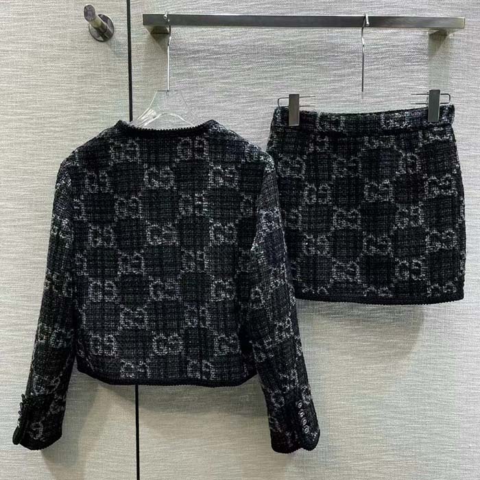 G*u*i women gg tweed jacket dark grey lined collarless two front pockets button closure style ‎761164 zapa4 1158