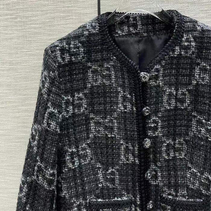 G*u*i women gg tweed jacket dark grey lined collarless two front pockets button closure style ‎761164 zapa4 1158